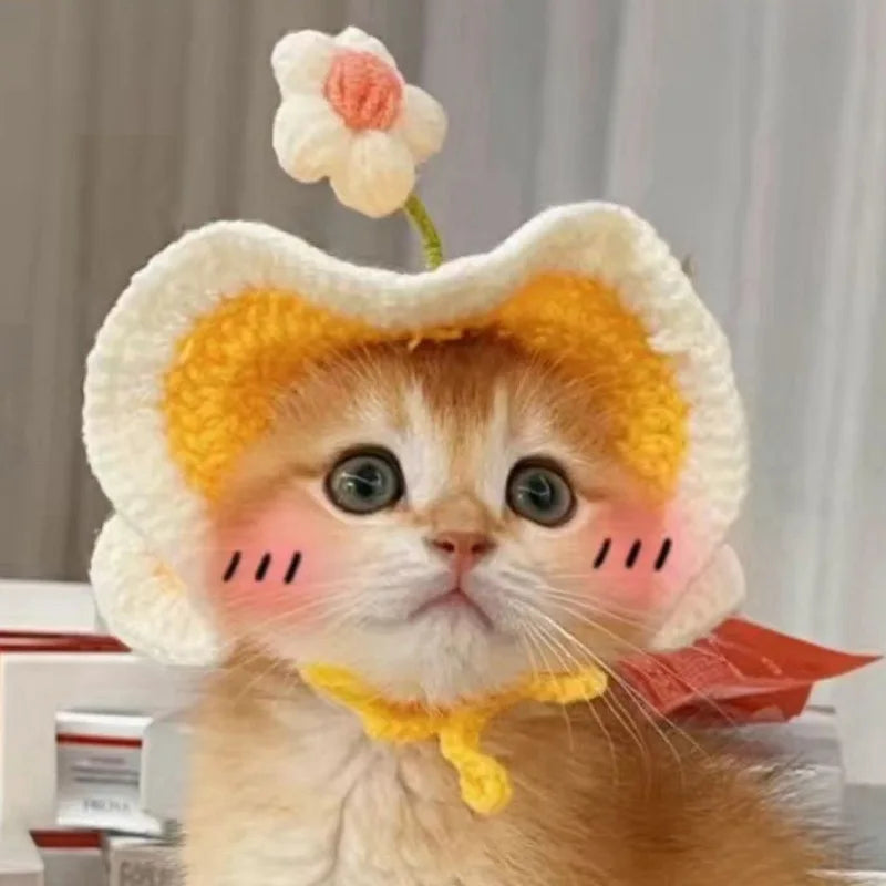 Cute Adjustable Cat Hat Elastic Pet Hat for Cats Small Dogs Kitten Headwear with Small Flowers Party Photo Decoration