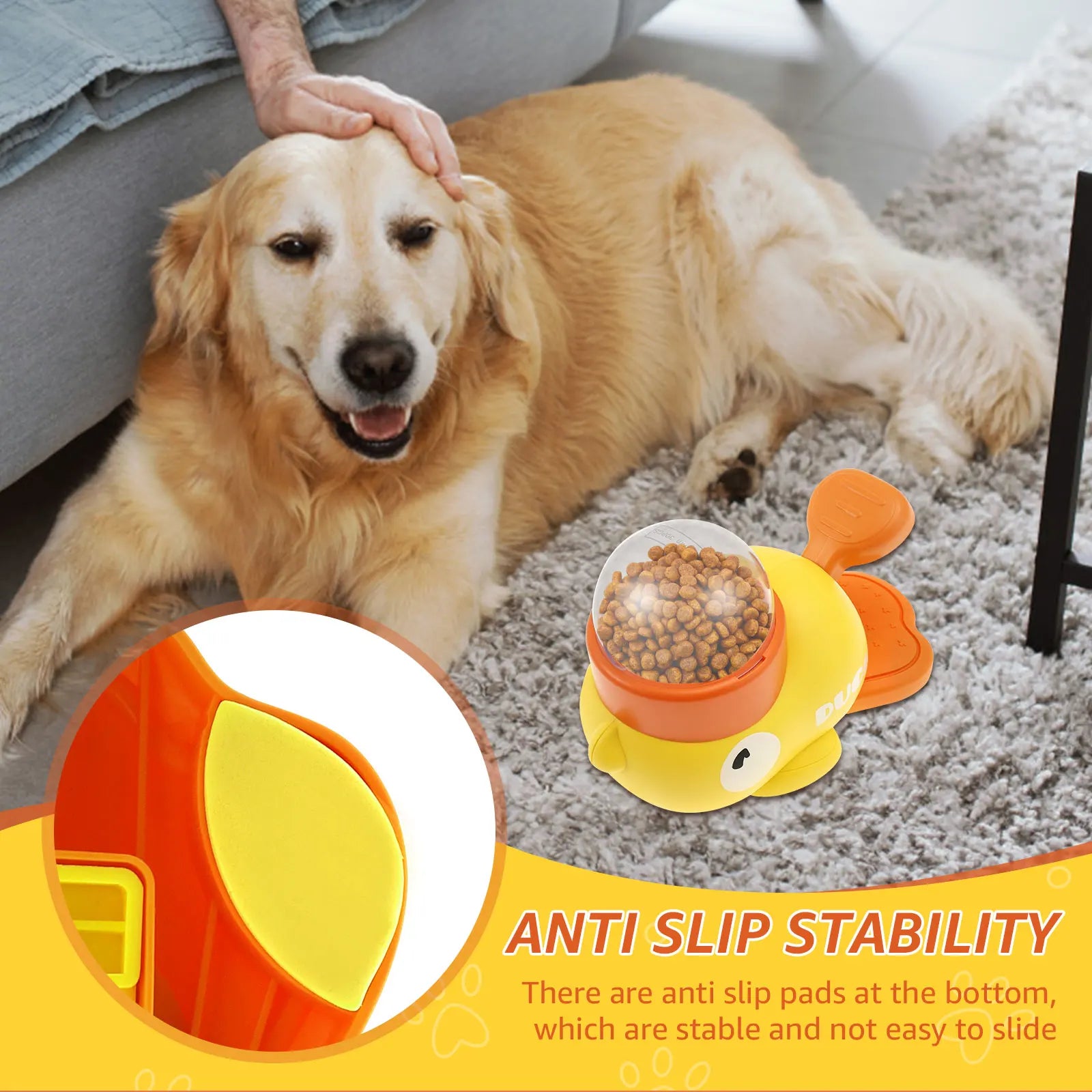 Interactive Duck Shaped Dog Slow Feeder Washable Automatic Dog Feeder Toy with 3 Food Outlet Size for Pets Food Dispenser