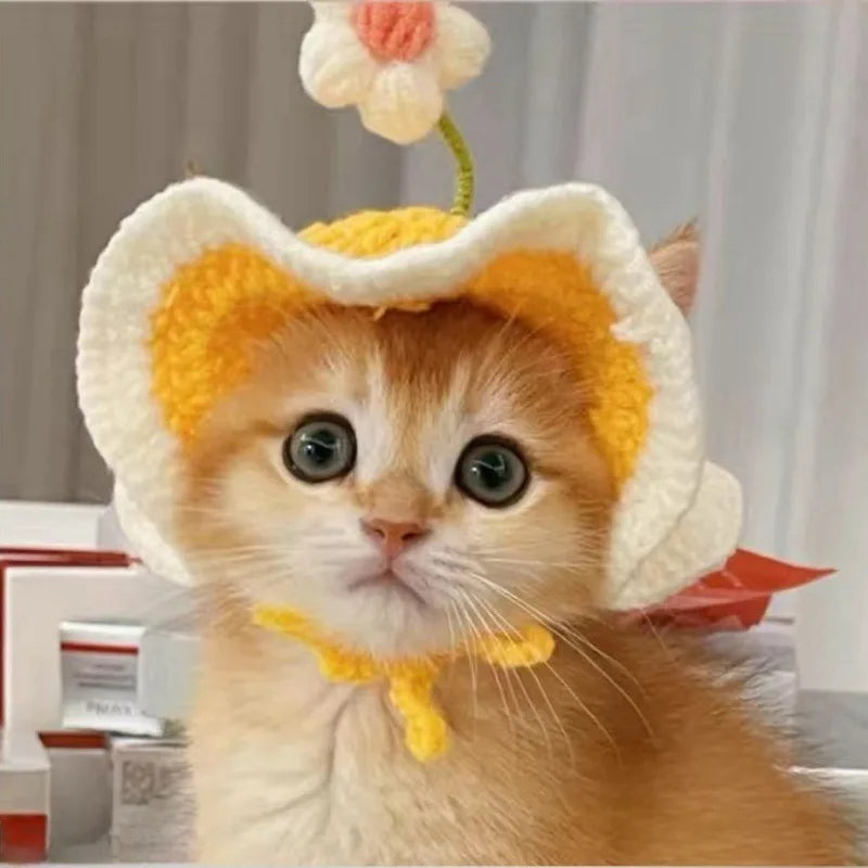Cute Adjustable Cat Hat Elastic Pet Hat for Cats Small Dogs Kitten Headwear with Small Flowers Party Photo Decoration