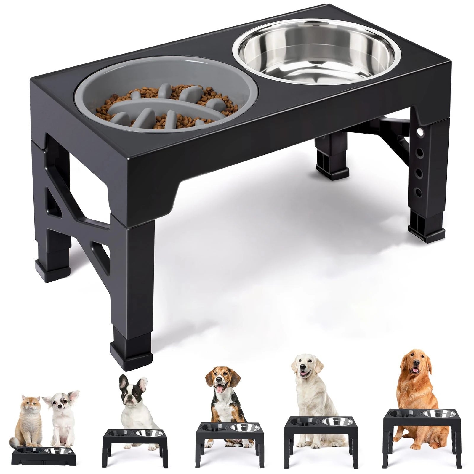 Elevated Dog Feeder Bowls Adjustable Raised Stand with Double Stainless Steel Food Water Bowls Small Medium Large Dogs