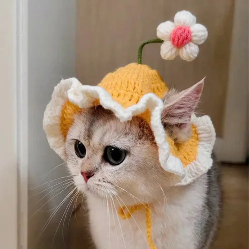 Cute Adjustable Cat Hat Elastic Pet Hat for Cats Small Dogs Kitten Headwear with Small Flowers Party Photo Decoration